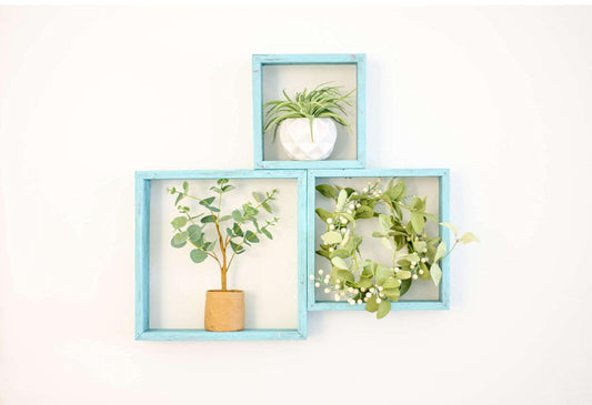 Robins Egg Blue Rustic Shelves, Square Floating Wood Shadowbox, Home Decor, Set of 3