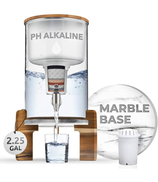 Invigorated Water pH Recharge Alkaline Water Filter Dispenser – BPA-Free Glass Countertop Water Filter Pitcher Purifier for Home & Office, 36-Cup Capacity, 360L Long Filter Life (Acacia/Marble)