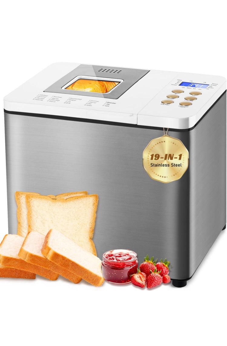 19-in-1 Smart Dual Heaters Bread Maker With Heat-Conductive Nonstick Ceramic Pan, Quiet Bread Machine with 15H Timer & 1H Keep Warm, Stainless Steel BreadMaker with French, Gluten-Free,Sourdough