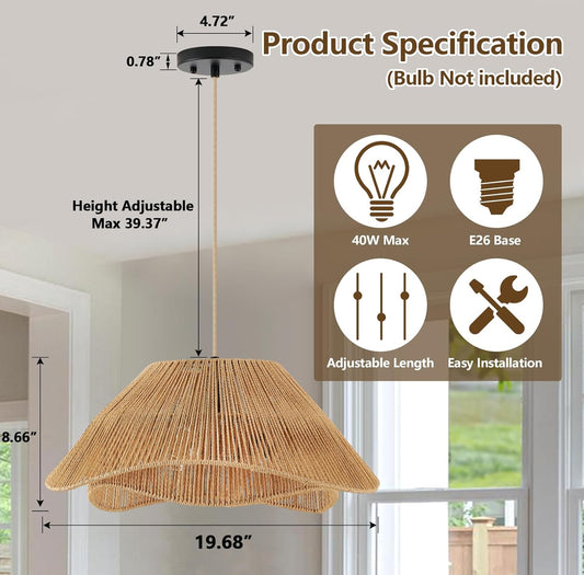 19.68" Rattan Pendant Light Fixture, 3-Light Boho Hanging Light Fixture Ceiling Mount, Bohemian Woven Wicker Flush Mount Hanging Lamp, Adjustable Rattan Chandelier for Kitchen Island Hallway