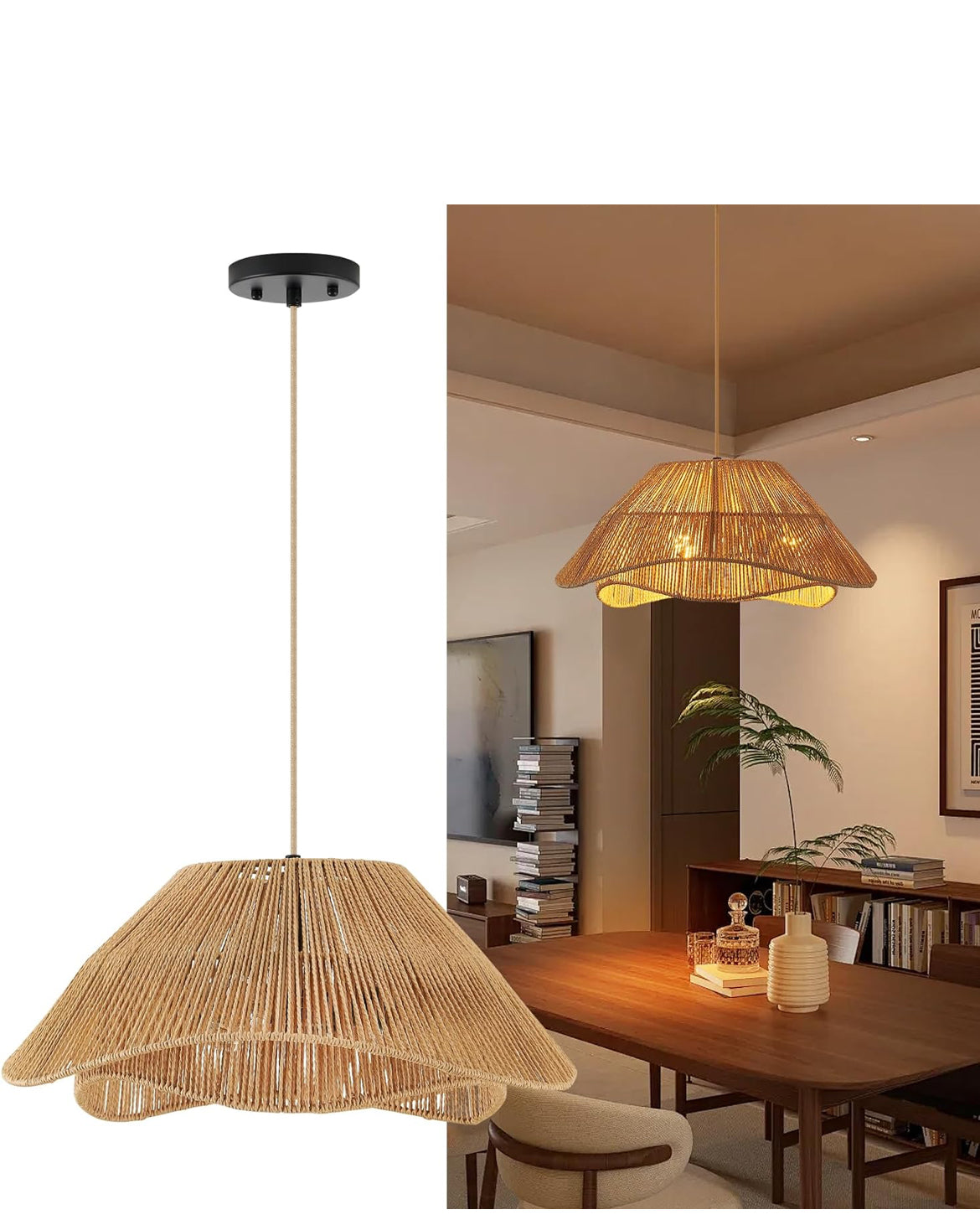 19.68" Rattan Pendant Light Fixture, 3-Light Boho Hanging Light Fixture Ceiling Mount, Bohemian Woven Wicker Flush Mount Hanging Lamp, Adjustable Rattan Chandelier for Kitchen Island Hallway