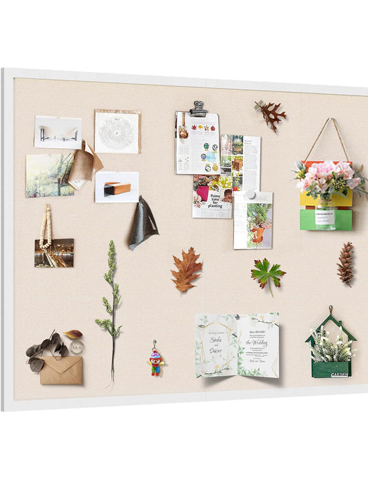 Large Bulletin Board 48x36 inch with Linen Cork Boards Wall Decor Hanging Pin Wood Framed Display Bulletin Cork Photo Picture Board Light for Room School Office 30-Pushpin White