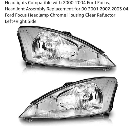 Headlights Compatible with 2000-2004 Ford Focus, Headlight Assembly Replacement for 00 2001 2002 2003 04 Ford Focus Headlamp Chrome Housing Clear Reflector Left+Right Side