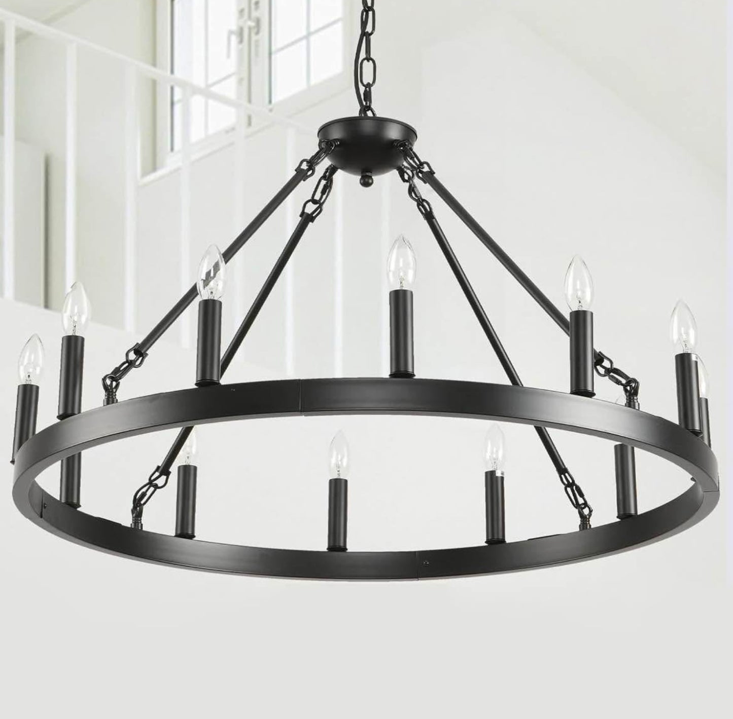 12 Lights Black Wagon Wheel Chandelier Farmhouse,Vintage Rustic Dining Room Chandeliers,Round Hanging Ceiling Pendant Light Fixture for Kitchen Island Living Dining Room Bedroom Foyer