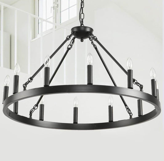 12 Lights Black Wagon Wheel Chandelier Farmhouse,Vintage Rustic Dining Room Chandeliers,Round Hanging Ceiling Pendant Light Fixture for Kitchen Island Living Dining Room Bedroom Foyer