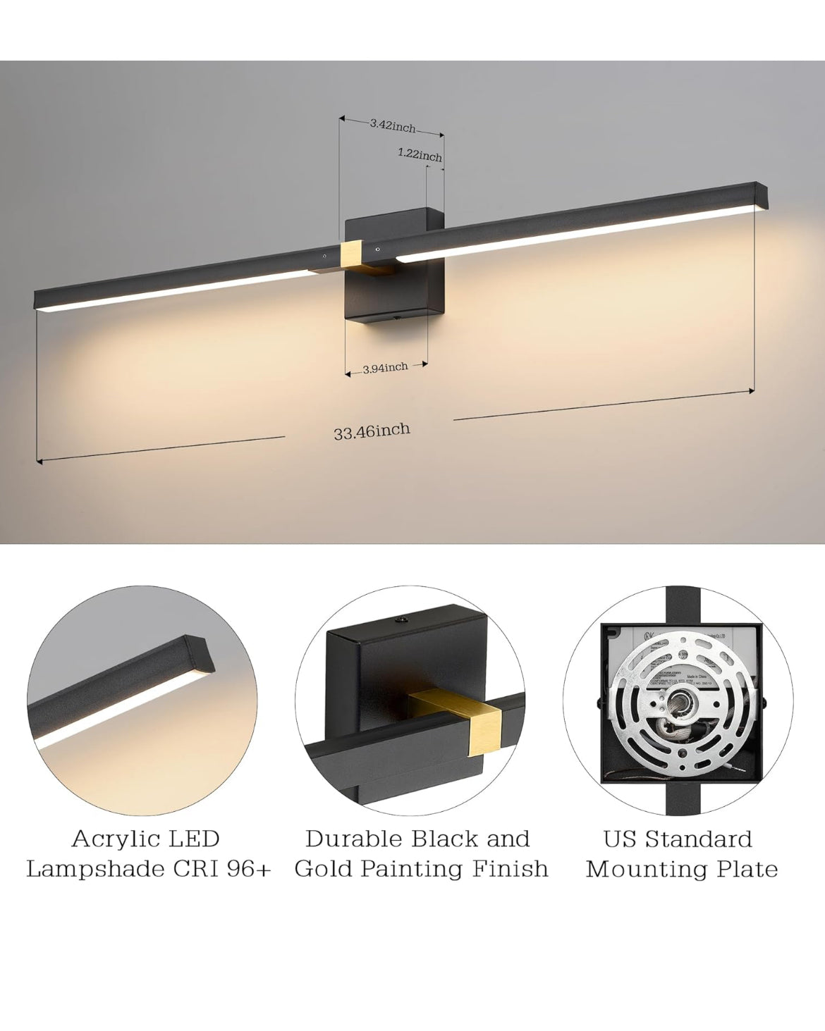 Hillsboro 24W Modern Wall Sconces Set of Two, 33.46 Inch 360°Rotatable Black Vanity Light, 3 Color Dimmable LED Sconces Wall Lighting, Vanity Light Bar Wall Lamp for Bathroom, Living Room,Bedroom