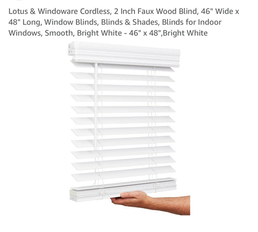 Lotus & Windoware Cordless, 2 Inch Faux Wood Blind, 46" Wide x 48" Long, Window Blinds, Blinds & Shades, Blinds for Indoor Windows, Smooth, Bright White - 46" x 48",Bright White
New 60