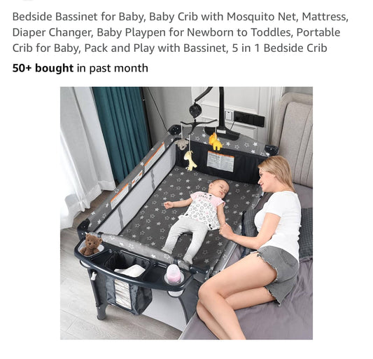 Bedside Bassinet for Baby, Baby Crib with Mosquito Net, Mattress, Diaper Changer, Baby Playpen for Newborn to Toddles, Portable Crib for Baby, Pack and Play with Bassinet, 5 in 1 Bedside Crib