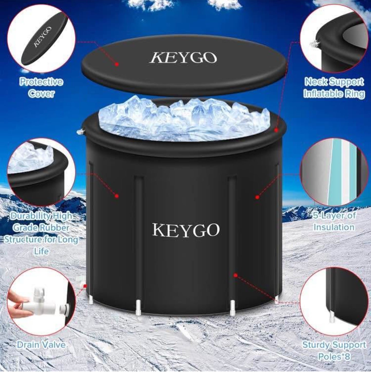 KEYGO Large Ice Bath Tub for Athletes,Portable Inflatable Free-standing Soaking Tub for Hot Bath Ice Bath for A dults Cold Plunge Tub Outdoor Indoor(31.5""Φ x 29.5""H) (31.5""Φ x 29.5""H), BT001