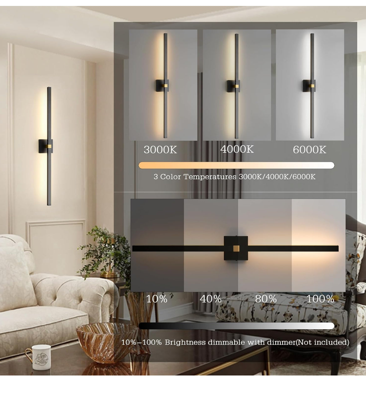 Hillsboro 24W Modern Wall Sconces Set of Two, 33.46 Inch 360°Rotatable Black Vanity Light, 3 Color Dimmable LED Sconces Wall Lighting, Vanity Light Bar Wall Lamp for Bathroom, Living Room,Bedroom