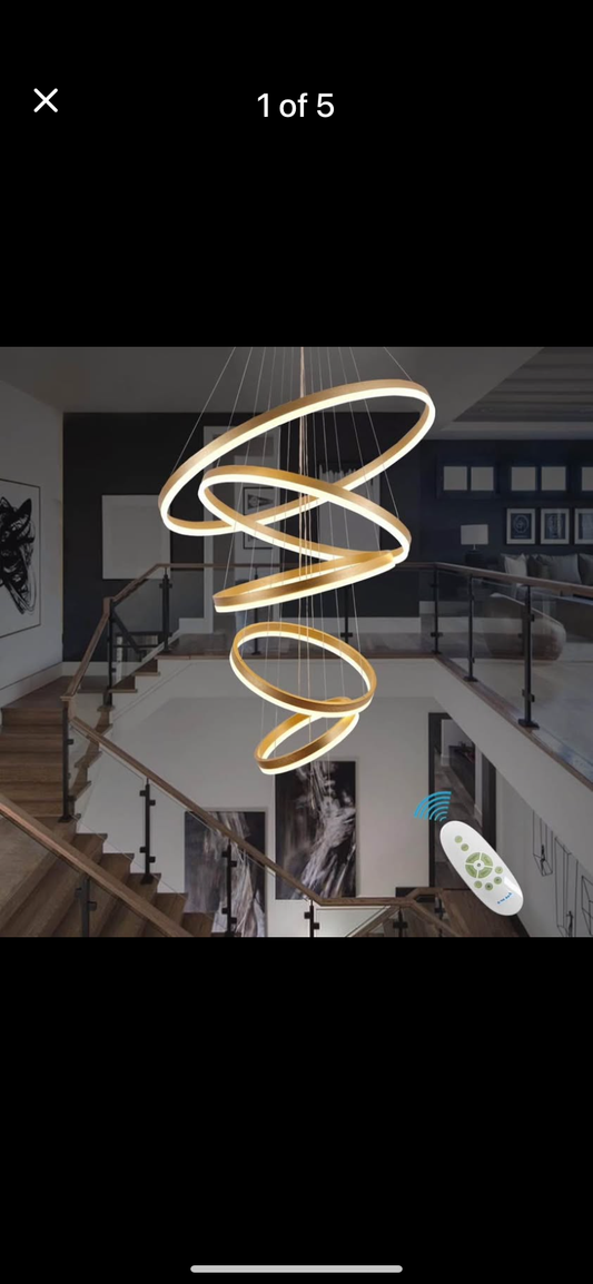 Modern LED Chandelier 5 Rings Gold Chandeliers with Remote Control Dimmable Large Chandelier for High Ceiling Staircase Living Room Foyer 3000K-6000K Selectable