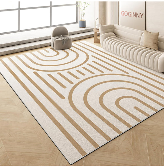 Washable 8x10 Modern Area Rug for Living Room, Tan White Minimalist Artistic Abstract Large Rug, Ultra Thin Low Pile Lightweight Soft Indoor Carpet with Nonslip Backing for Home Bedroom Kids Play Room