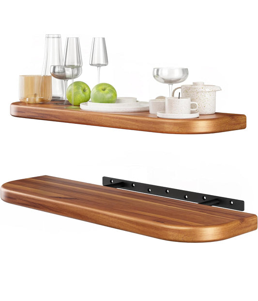 BATODA 24" Acacia Wood Floating Shelves Wall Mounted (Round Edge) – Rustic Farmhouse Wooden Wall Storage Shelf for Bedroom, Kitchen - Brackets and Shelving Hardware Included (Acacia,24 Inch Length)