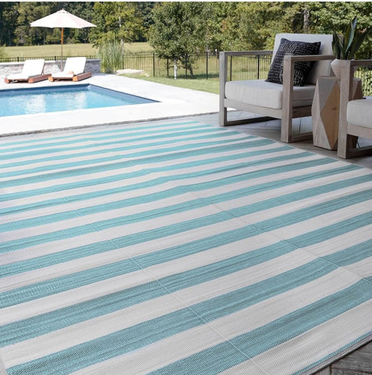 Reversible Striped Outdoor Rugs for Patio Decor 6' x 9' Waterproof Large Area Rug Plastic Straw Portable Outdoor Carpet Floor Mats for RV Camping Deck Picnic Beach Backyard Indoor Doormat Blue1*69