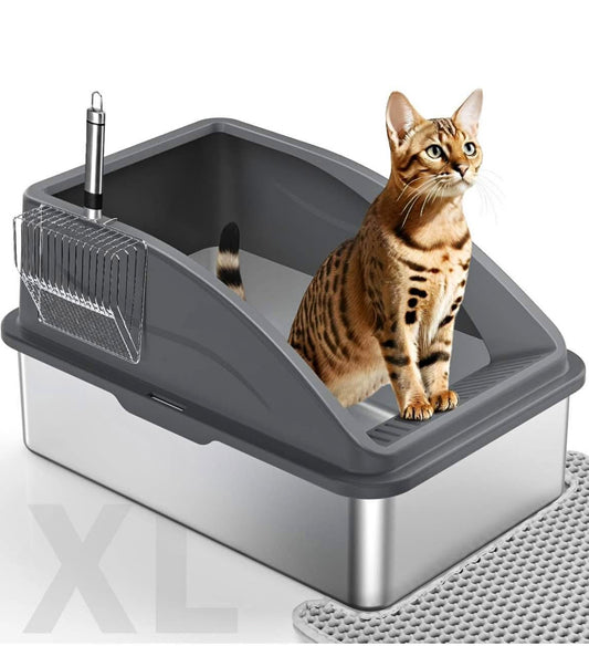 Stainless Steel Cat Litter Box, Extra Large Litter Boxes for Big Cats, Anti-Urine Leakage XL Litter Box with High Sides, Xlarge Metal Litter Box with Lid, Easy Clean, Non-Sticky, Cat Mat & Metal Scoop