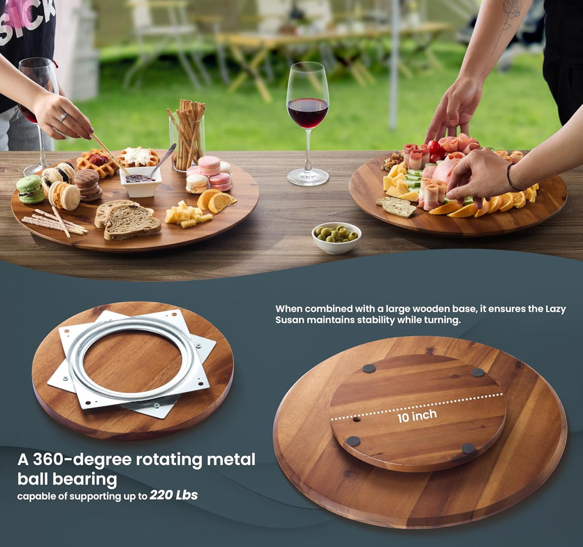 16" Acacia Wood Lazy Susan for Table Top - Wooden Turntable Serving Tray for Charcuterie Boards Cheese Board - Extra Large Round Lazy Susan Organizer - Kitchen Revolution for Countertop