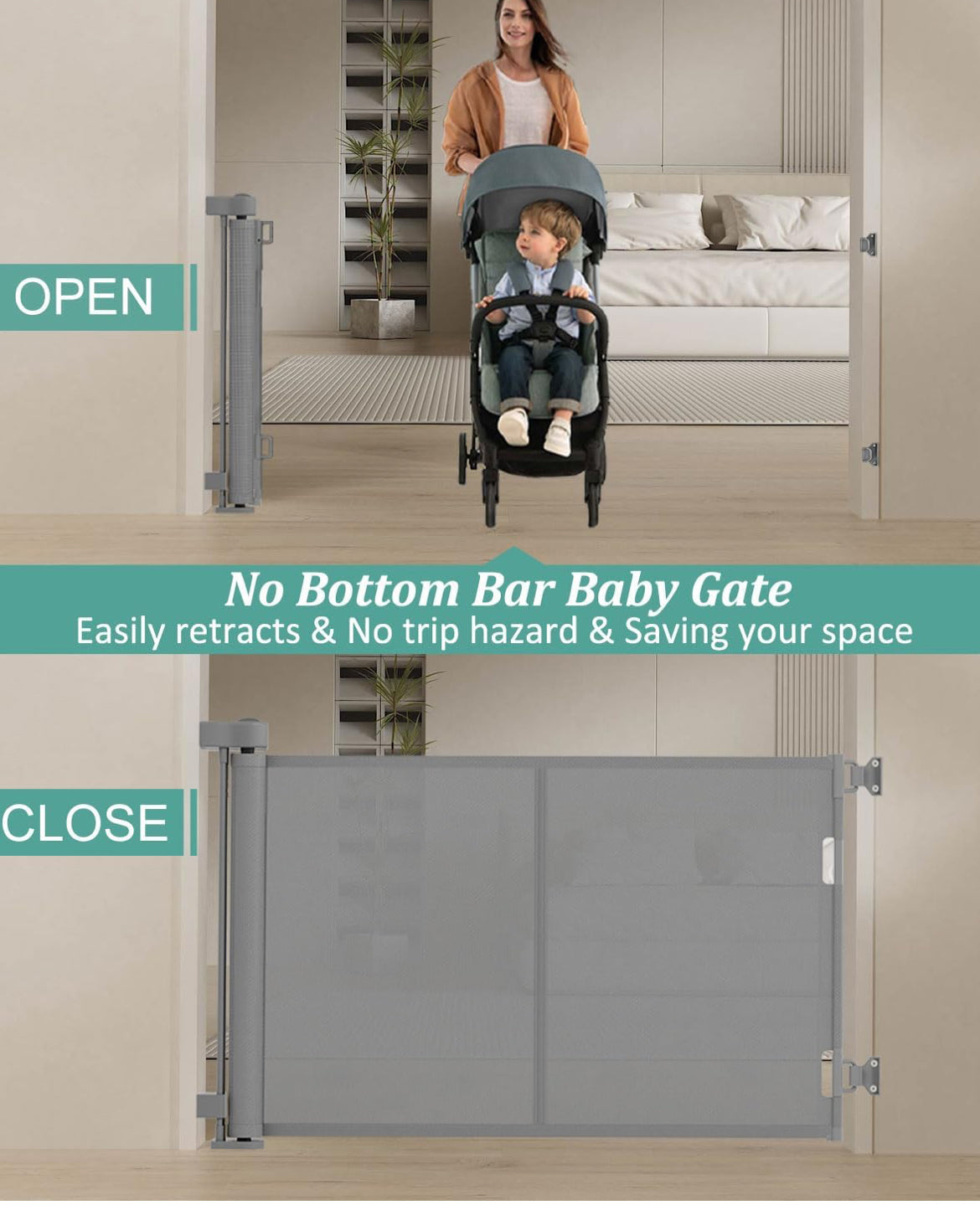 Upgrade 59" Retractable Baby Gates with Reinforced Strip Design to Prevent Crawling Through, 34" Tall Retractable Gate for Baby and Pet, 5 FT Baby Gates for Stairs, Doorways, Hallways
