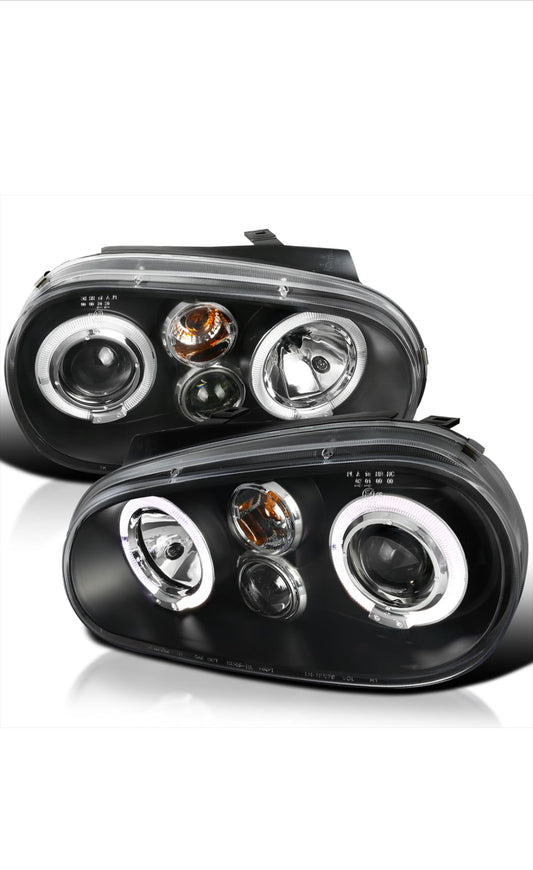 Spec-D Tuning Black Dual Halo Projector Headlights Compatible with 1999-2006 Volkswagen Golf, Golf GTI VW MK4 Left + Right Pair Headlamps Assembly