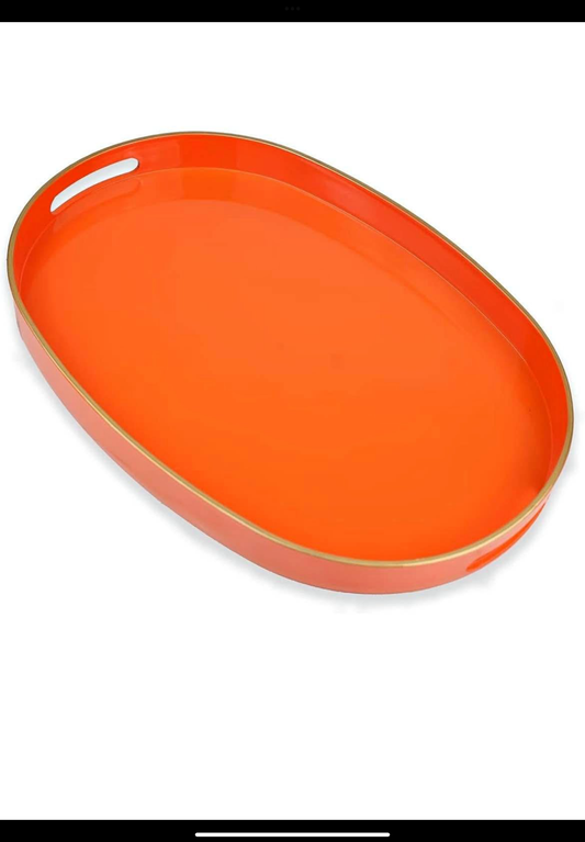 Set of 2 Orange Oval Decorative Tray with Handles, Versatile Serving Tray for Coffee Table, Ottoman, Ideal for Serving, Displaying, Organizing