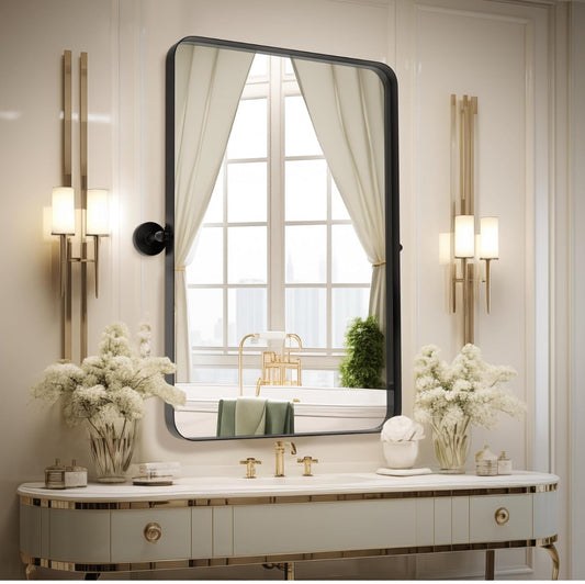 Adjustable Bathroom Mirrors Vanity Mirror - 22"x30" Black Stainless Steel Rectangular Matte Rounded Rectangle Mirror with Brushed Rimmed Decorative Farmhouse Premium Frame Large Mirror