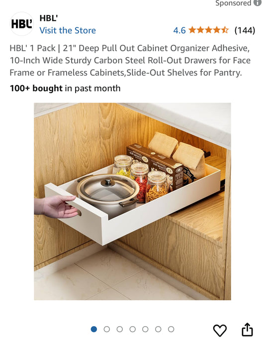 HBL' 1 Pack | 21" Deep Pull Out Cabinet Organizer Adhesive, 10-Inch Wide Sturdy Carbon Steel Roll-Out Drawers for Face Frame or Frameless Cabinets,Slide-Out Shelves for Pantry.
